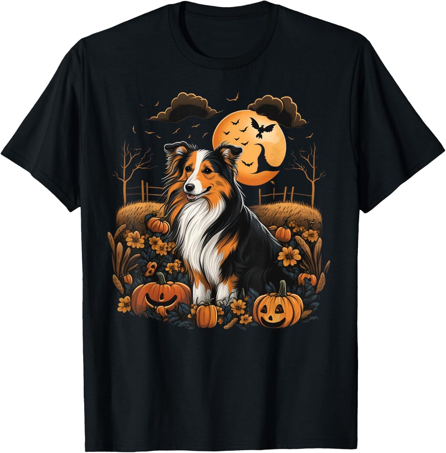 Pumpkin Shetland Sheepdog costume on Sheltie Halloween Women Kids T-Shirt - T-Shirt | Black