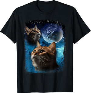 Three Cats Howl at Moon Vintage Funny Cat Howling wolf meme T-Shirt - T-Shirt | Black