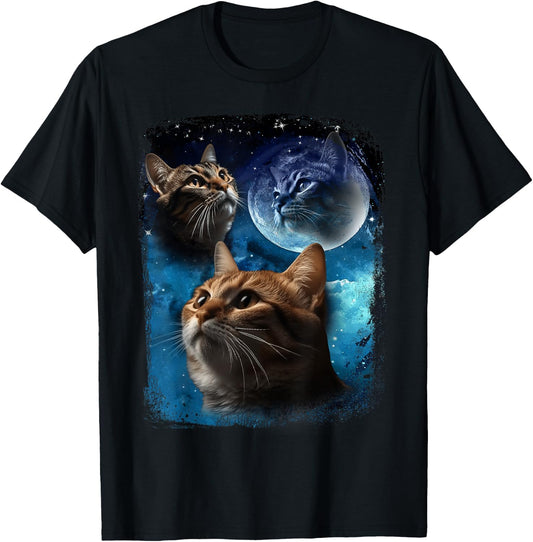Three Cats Howl at Moon Vintage Funny Cat Howling wolf meme T-Shirt - T-Shirt | Black