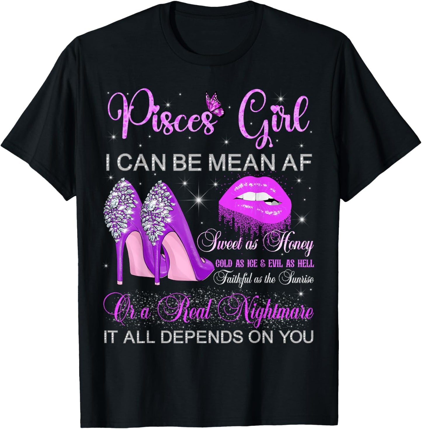 Pisces Girl Birthday High Heels Dripping Lips Zodiac Women T-Shirt - T-Shirt | Black