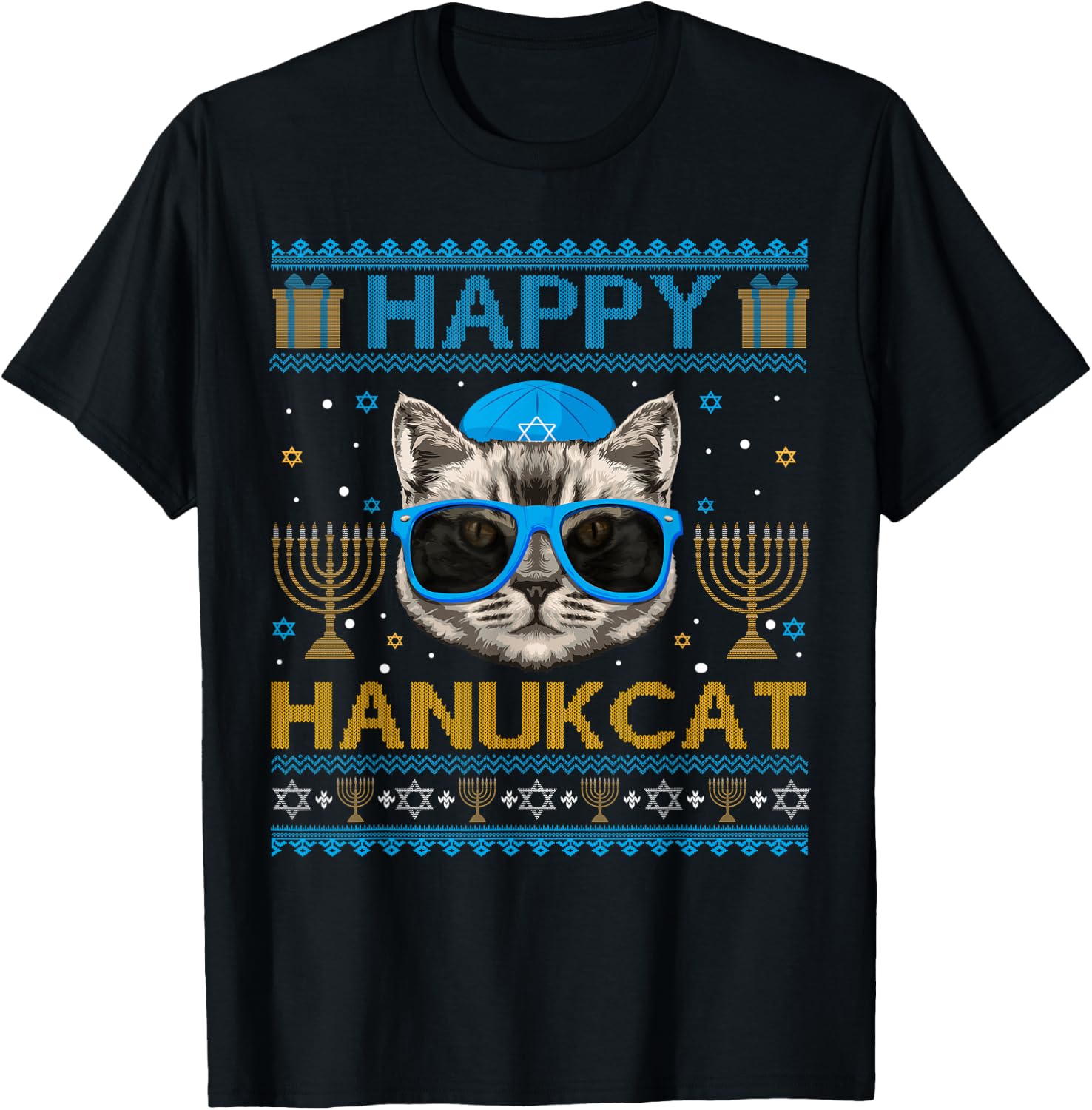 Happy Hanukcat Ugly Hanukkah Sweater Cat Chanukah Jewish T-Shirt - T-Shirt | Black
