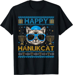 Happy Hanukcat Ugly Hanukkah Sweater Cat Chanukah Jewish T-Shirt - T-Shirt | Black