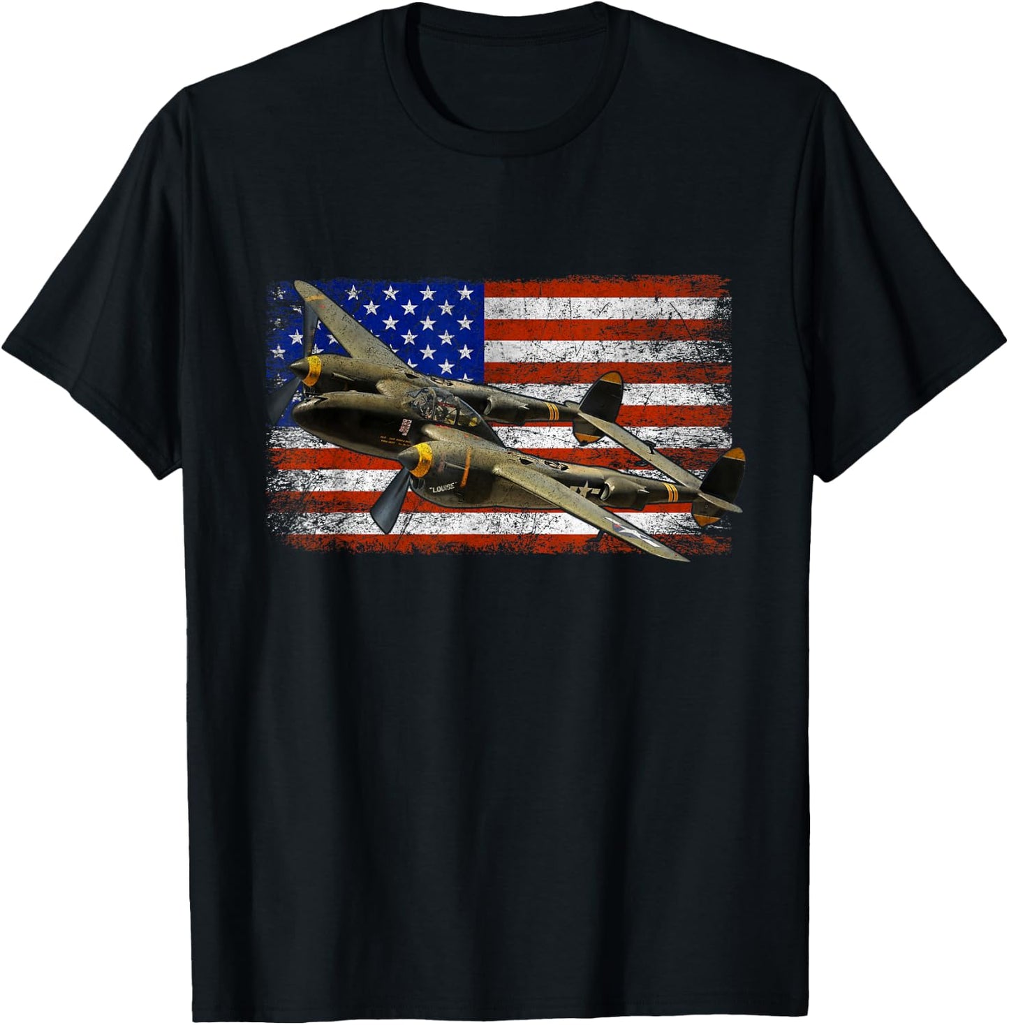 P-38 Lightning WWII Airplane Vintage Flag T-Shirt - T-Shirt | Black