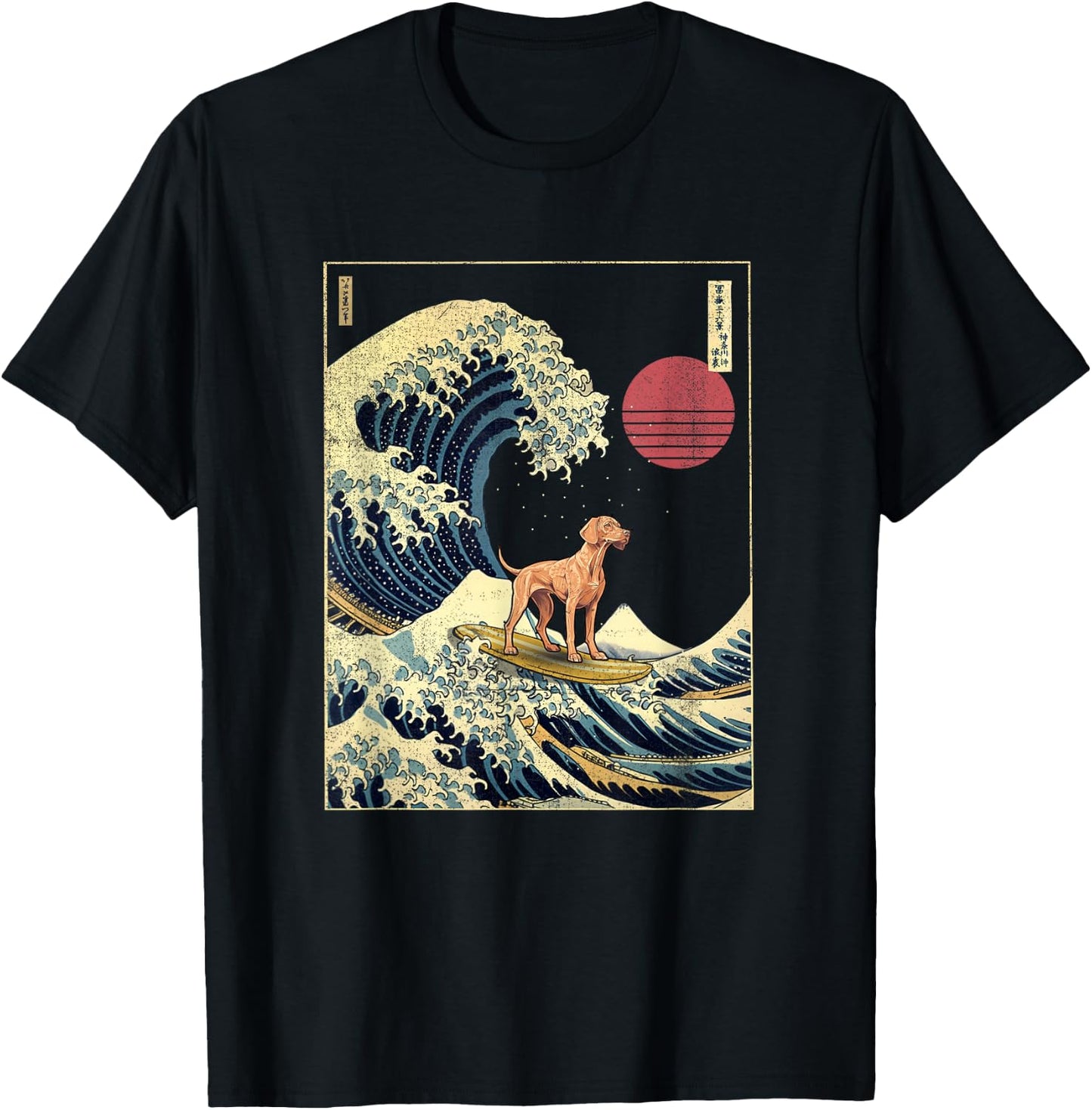 Vizsla Japanese Kanagawa Wave Funny Surf Dog T-Shirt - T-Shirt | Black