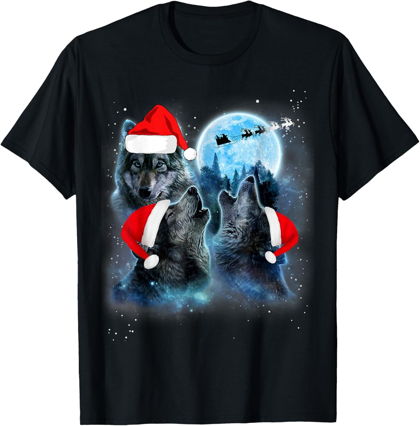Three Wolves Howling Under Moon Christmas Santa Wolf Lover T-Shirt - T-Shirt | Black