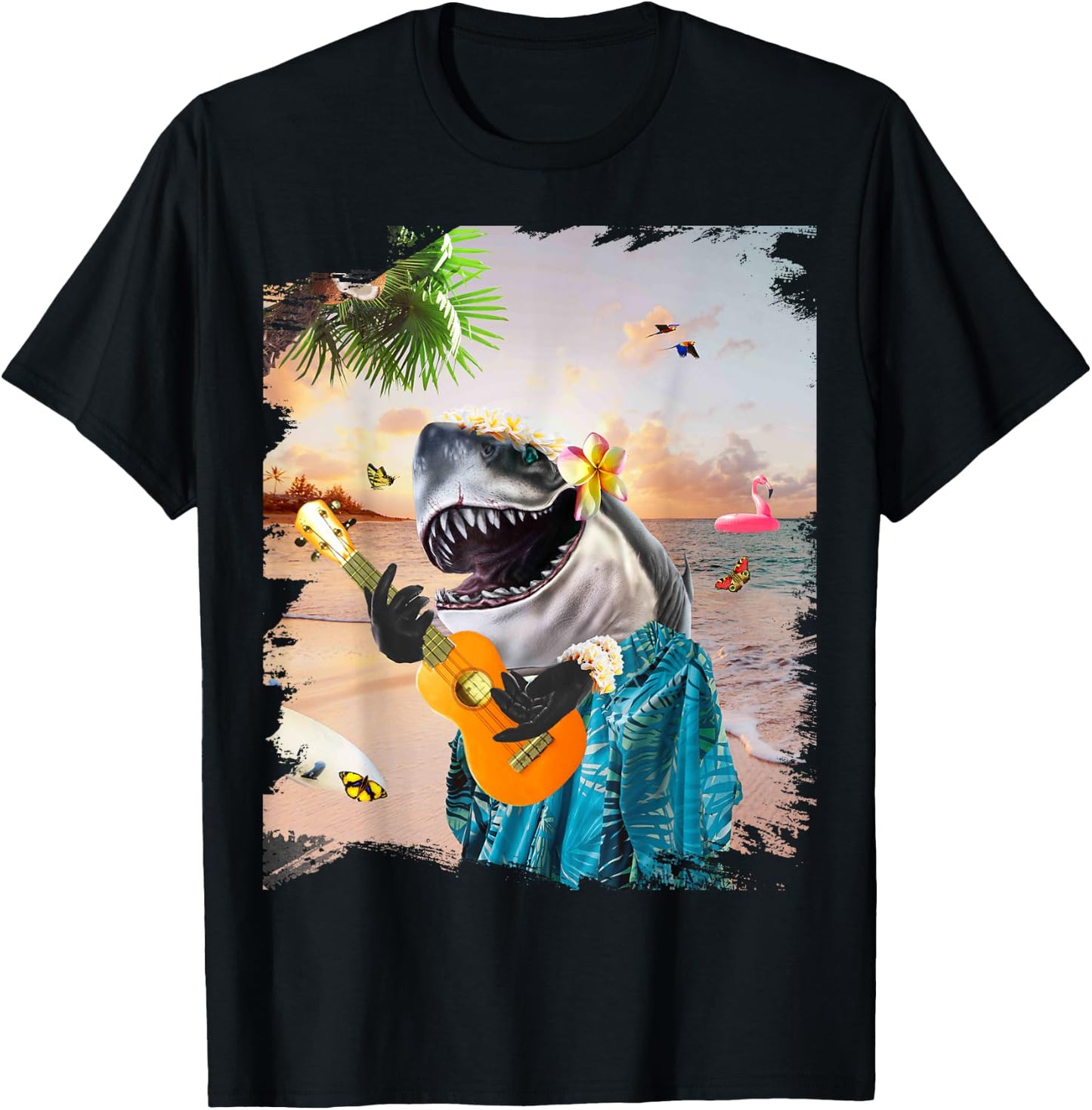 Aloha Hawaiian Shark Playing Ukulele Beach Funny Men Women Girls Kids T-Shirt - T-Shirt | Black