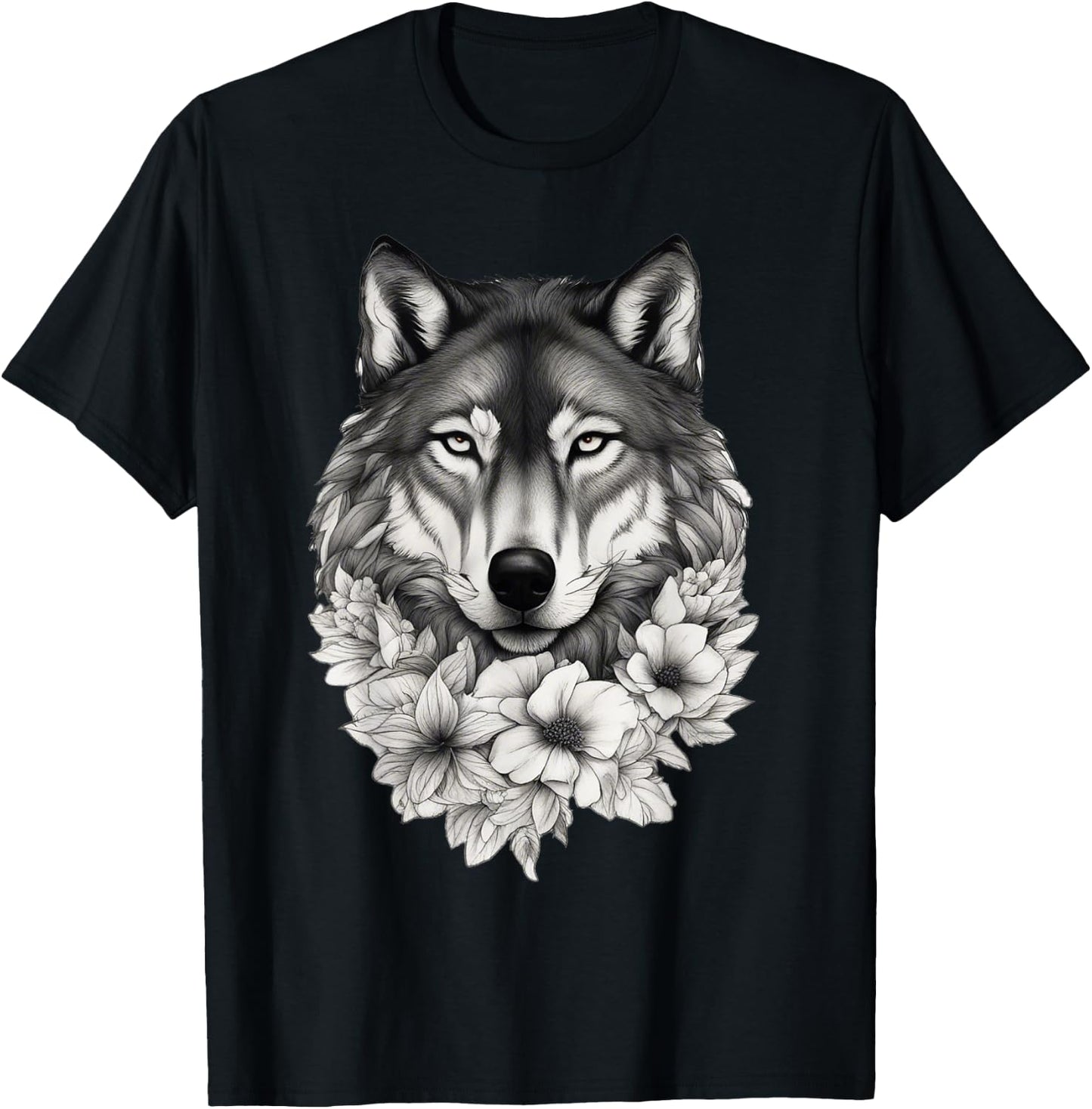 Floral Wolf Lover Flowers Wolf Face For Wolves Lover T-Shirt - T-Shirt | Black
