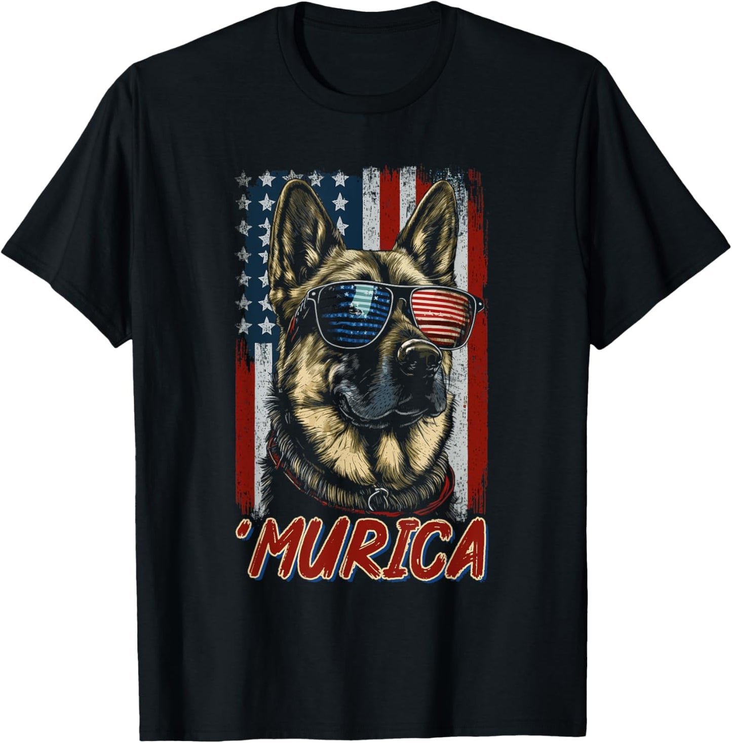 Murica Patriotic German Shepherd 4th of July Dog T-Shirt - T-Shirt | Black