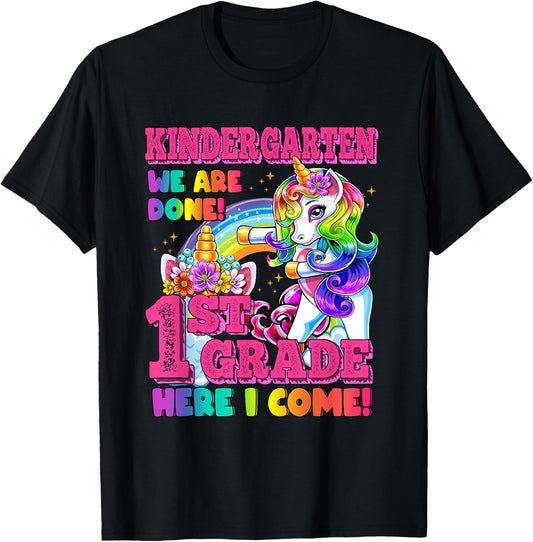 Kindergarten we are done last day of school Unicorn Rainbow T-Shirt - T-Shirt | Black