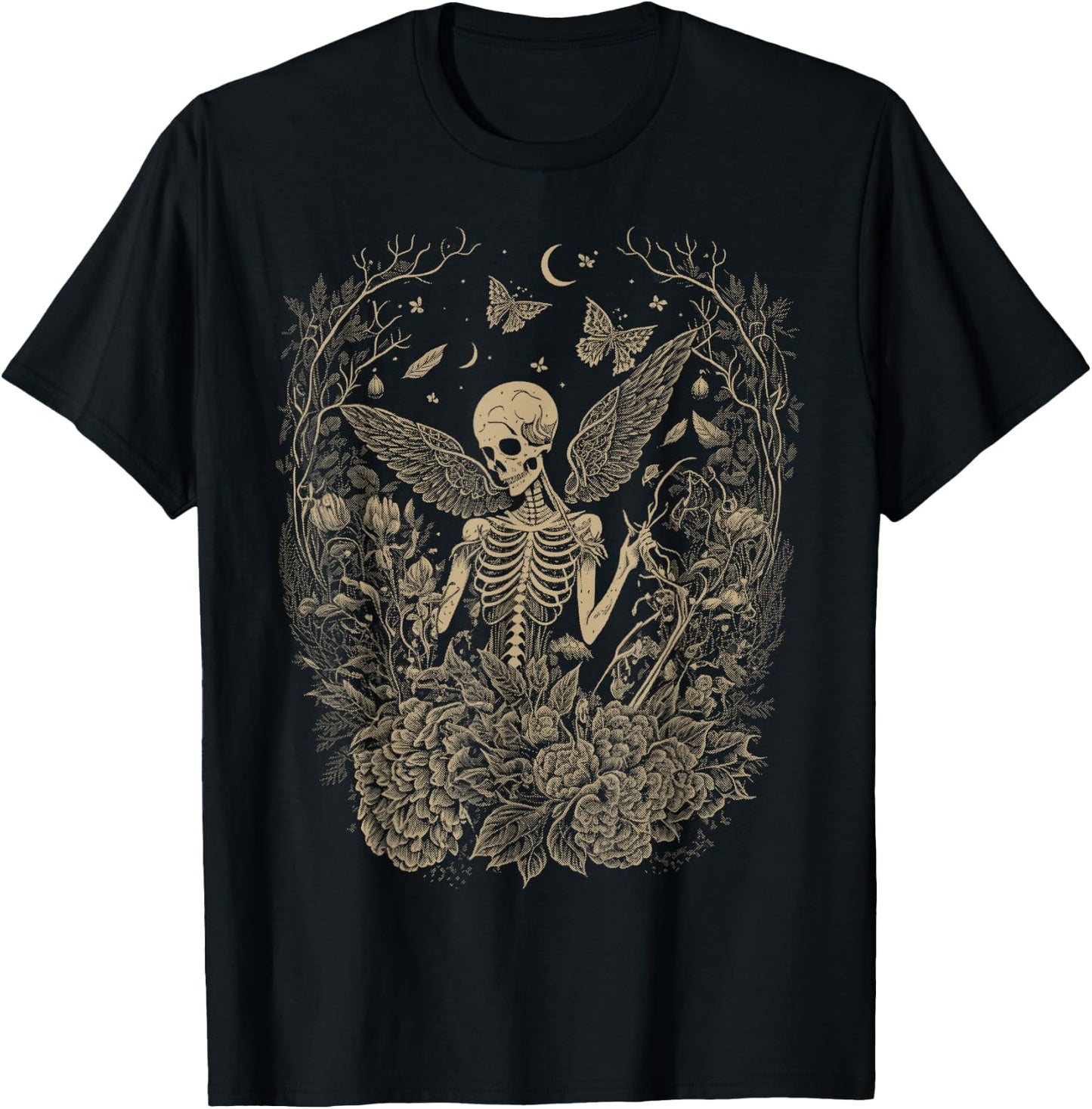 Cute Fairycore Floral Skeleton Aesthetic Girls Women Graphic T-Shirt - T-Shirt | Black