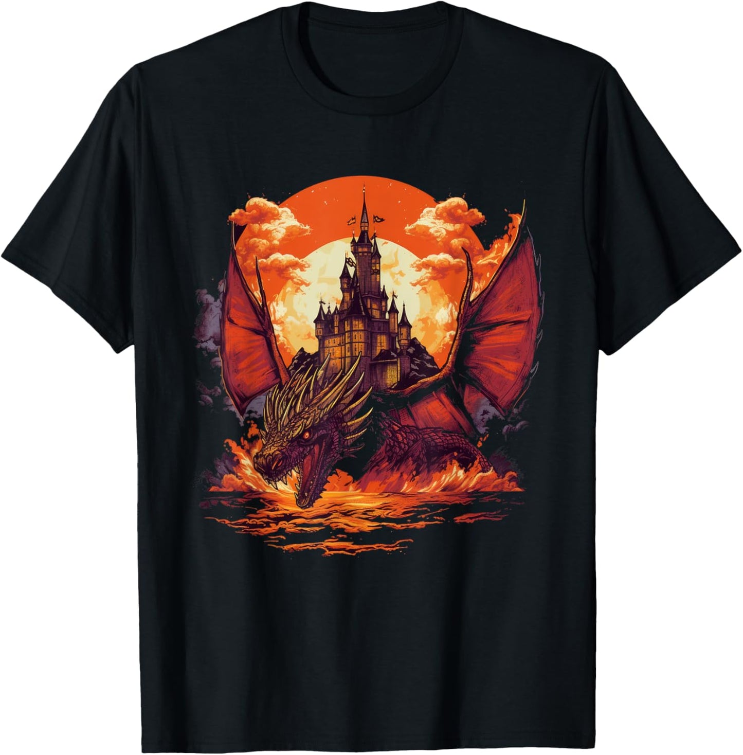 Fire Dragon Fantasy Scene With Castle T-Shirt - T-Shirt | Black