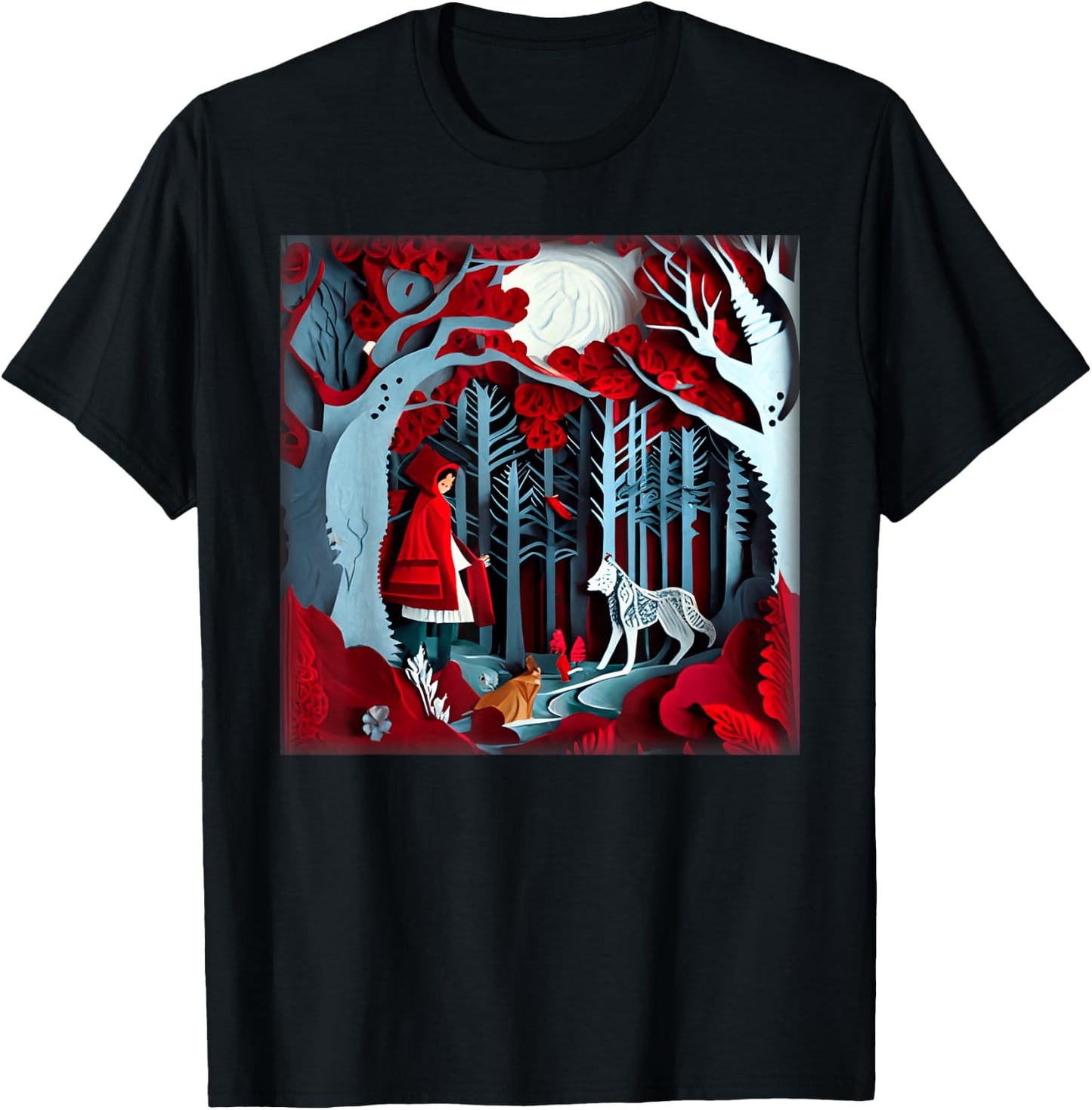 Paper Cut Craft Paper Illustration Little Red a Riding Hood T-Shirt - T-Shirt | Black