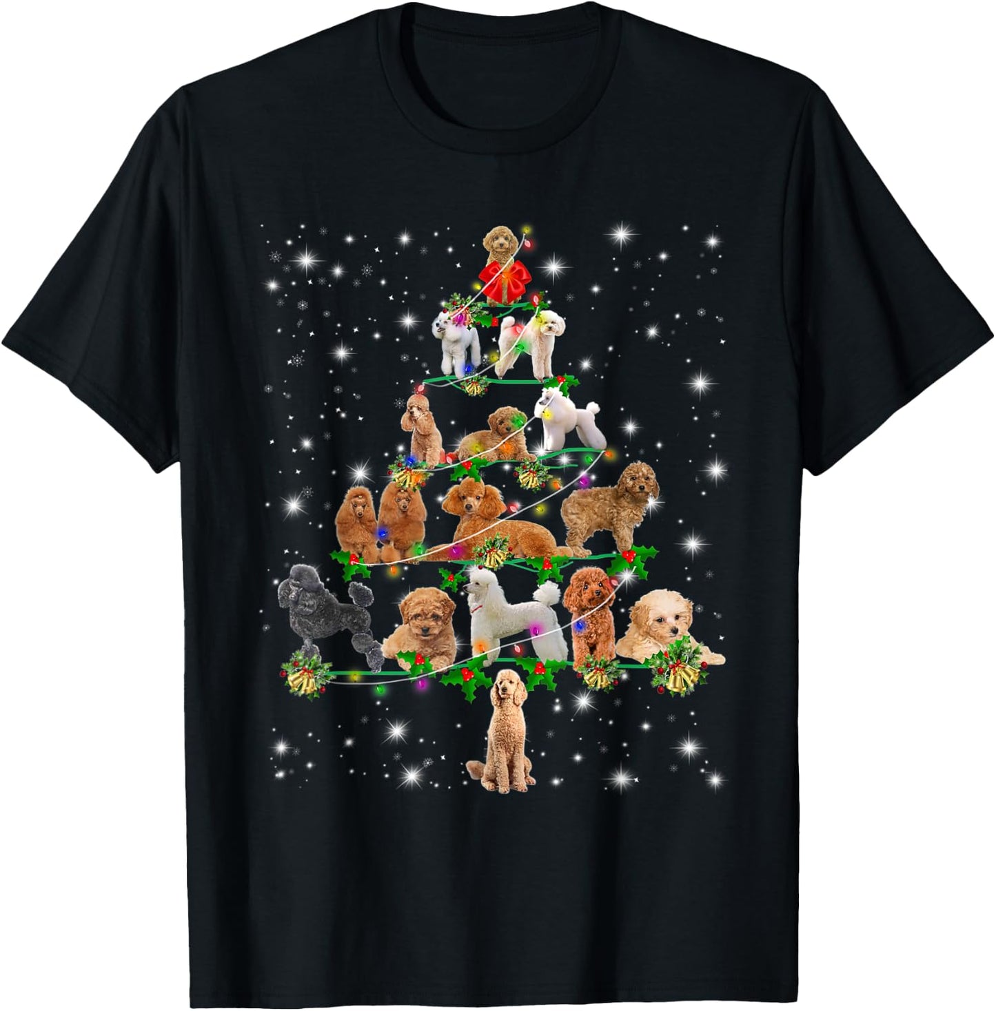 Poodle Christmas Tree Lights Funny Lover Dog Pajamas T-Shirt - T-Shirt | Black
