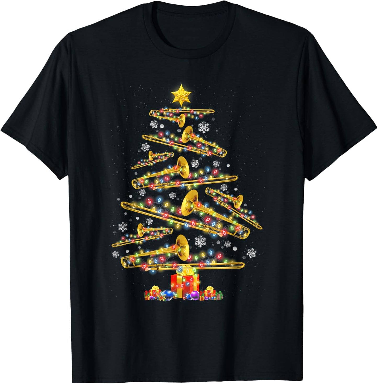 Christmas Trombone Player Xmas Tree Jazz Music Lover Santa T-Shirt - T-Shirt | Black