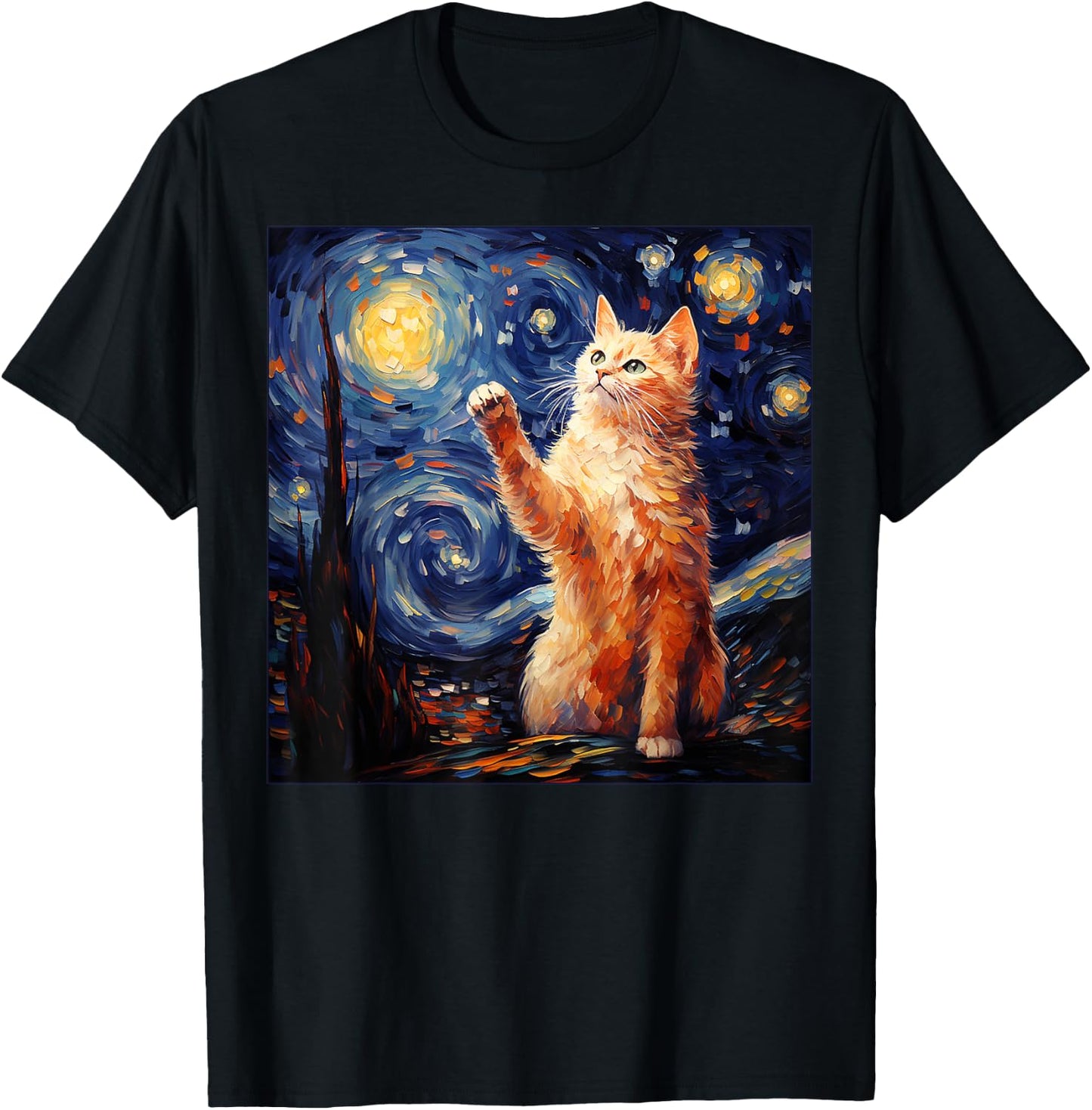 Art Van Gogh Starry Night Cat Gifts for Cats Lover Mom Dad T-Shirt - T-Shirt | Black