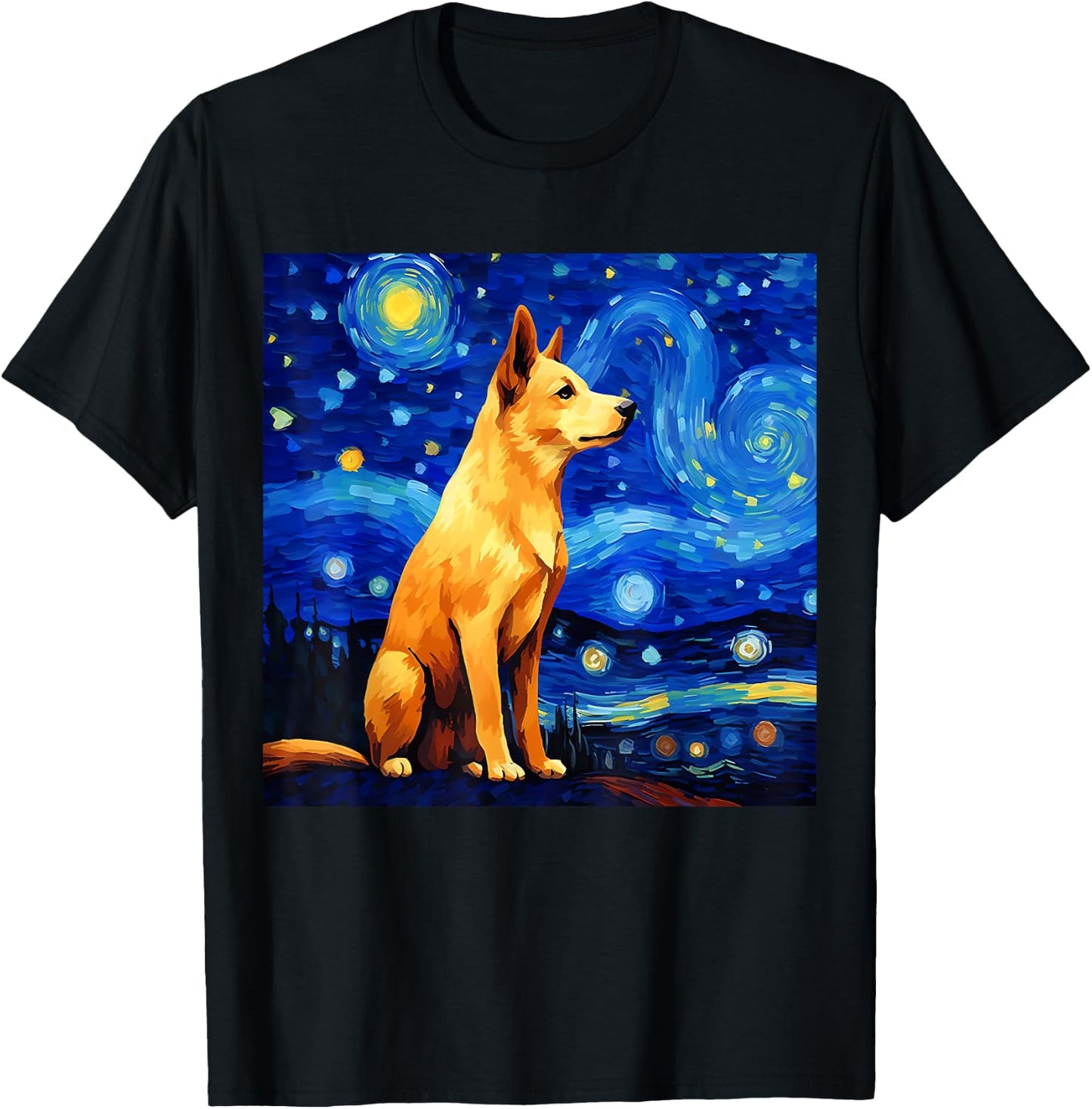 Surreal Starry Night Jindo Dog T-Shirt - T-Shirt | Black
