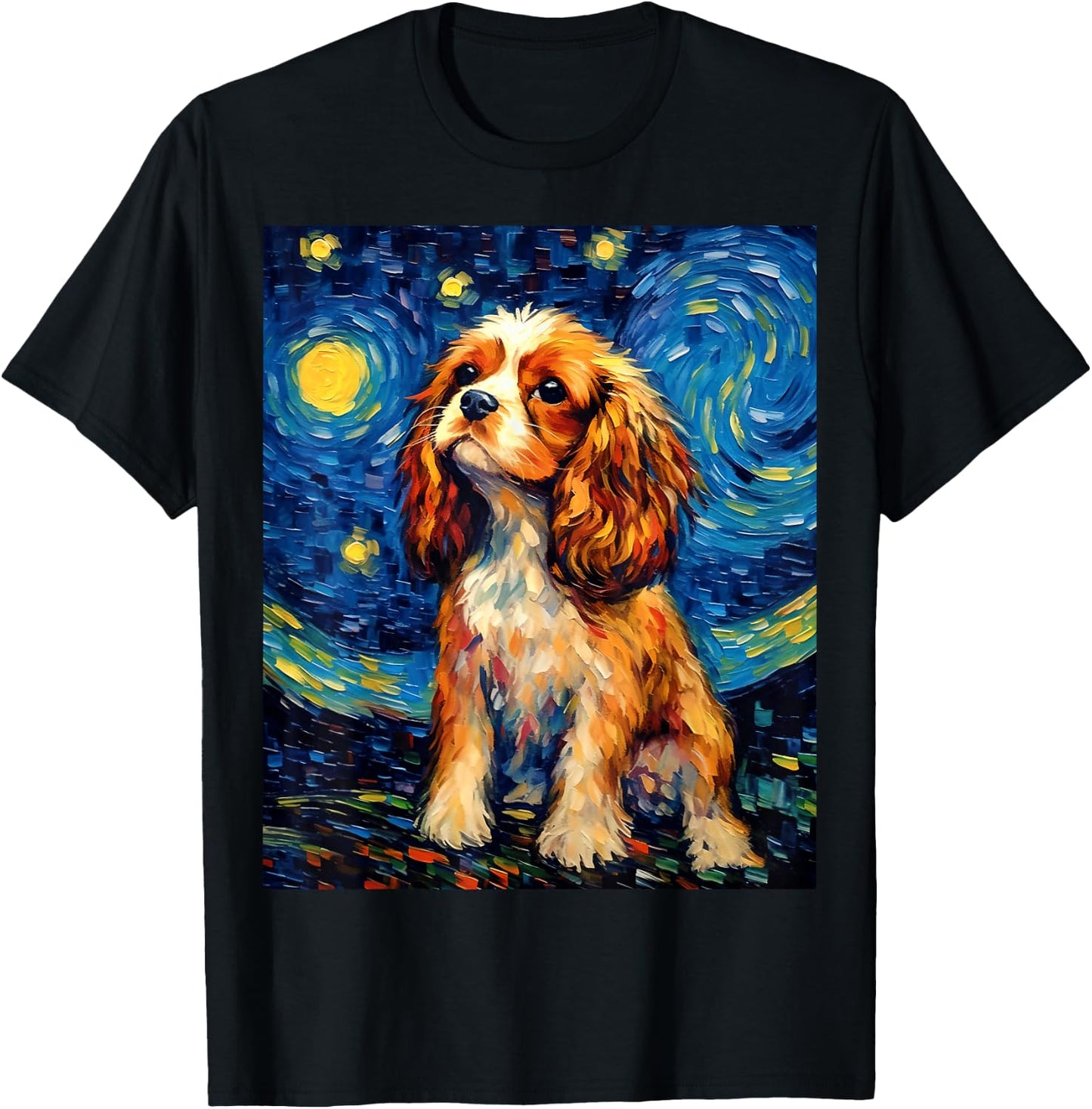 Surreal Starry Night Cavalier King Charles Spaniel Dog T-Shirt - T-Shirt | Black