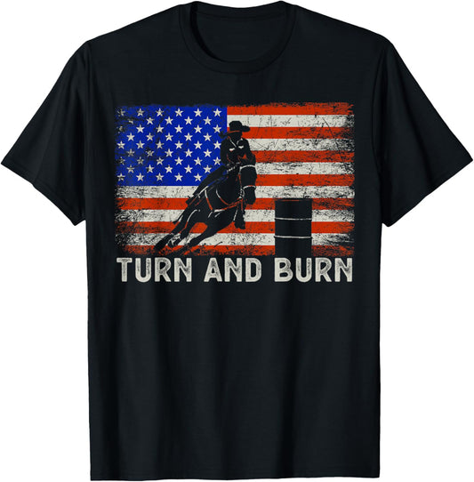 Turn And Burn USA American Flag Vintage Barrel Racing Rodeo T-Shirt - T-Shirt | Black