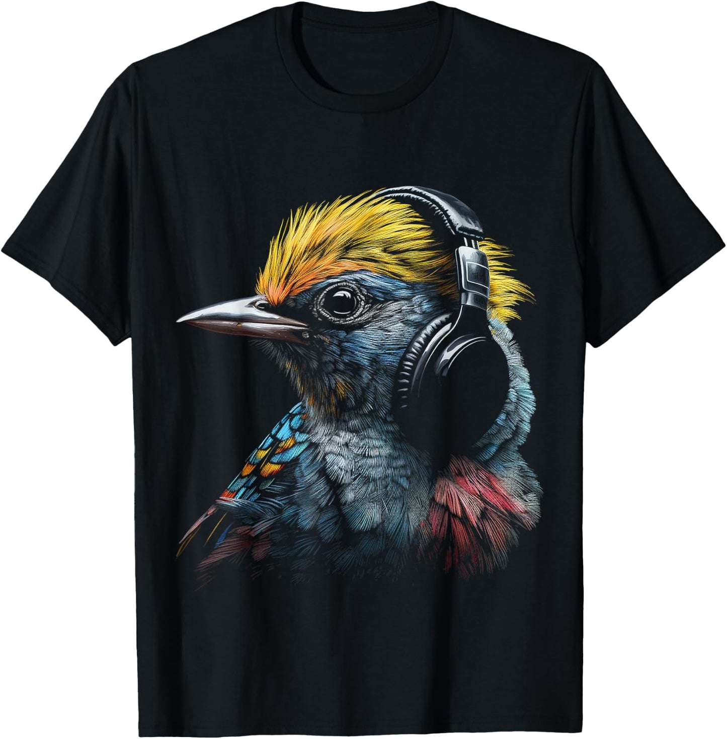 Bird Headphones Artwork | Music Animal Motif Bird T-Shirt - T-Shirt | Black