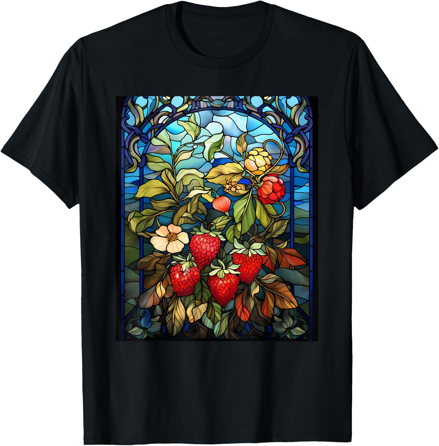 Stained Glass Style Strawberry T-Shirt - T-Shirt | Black