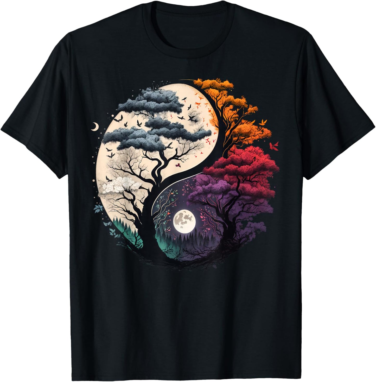 Harmony Feng Shui Taoist Yin Yang Balance symbol Adults Black Tree of Life Yin Yang Small (6/8) Short Sleeve T-Shirt - T-Shirt | Black