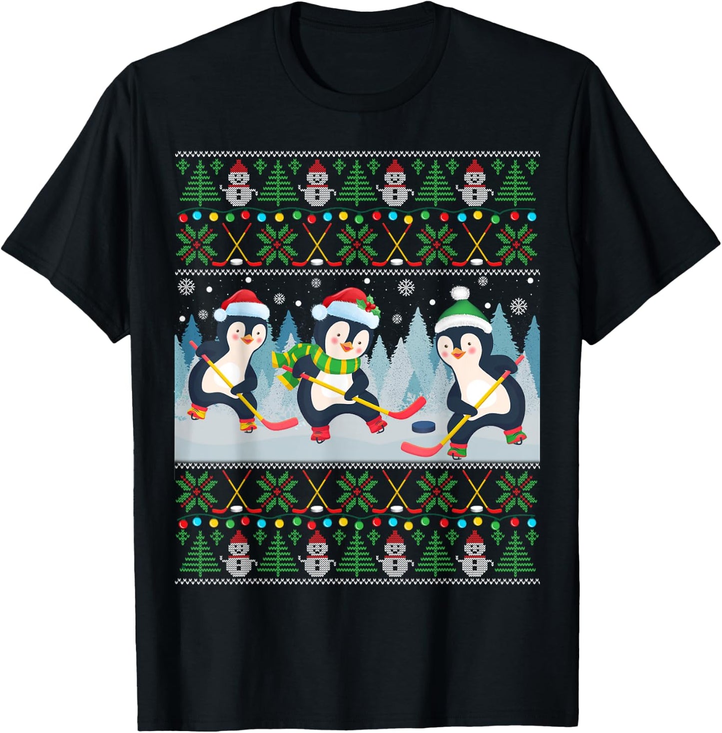 Penguin Playing Hockey Ugly Christmas Sweater Penguin Santa T-Shirt - T-Shirt | Black