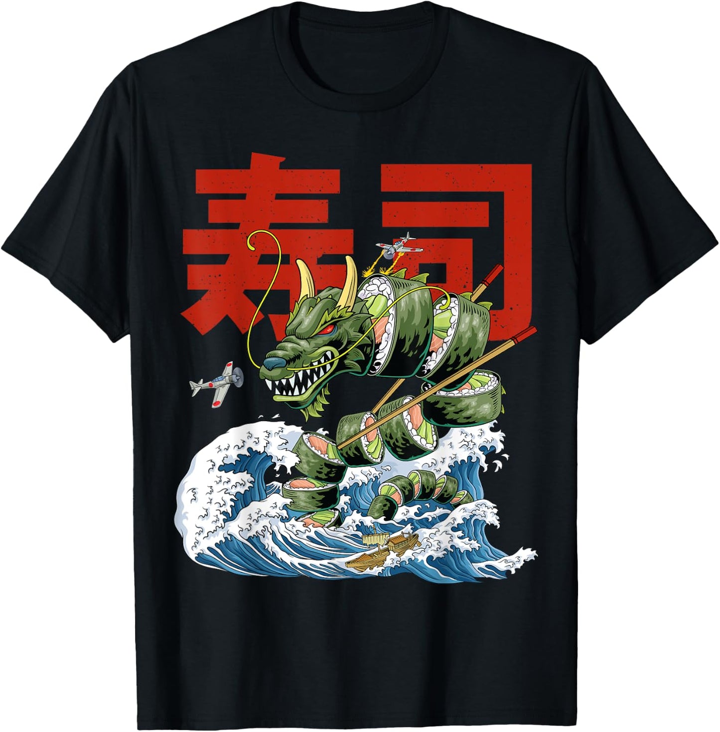 Great Sushi Dragon Kanagawa Wave Roll Japanese Food Kawaii T-Shirt - T-Shirt | Black