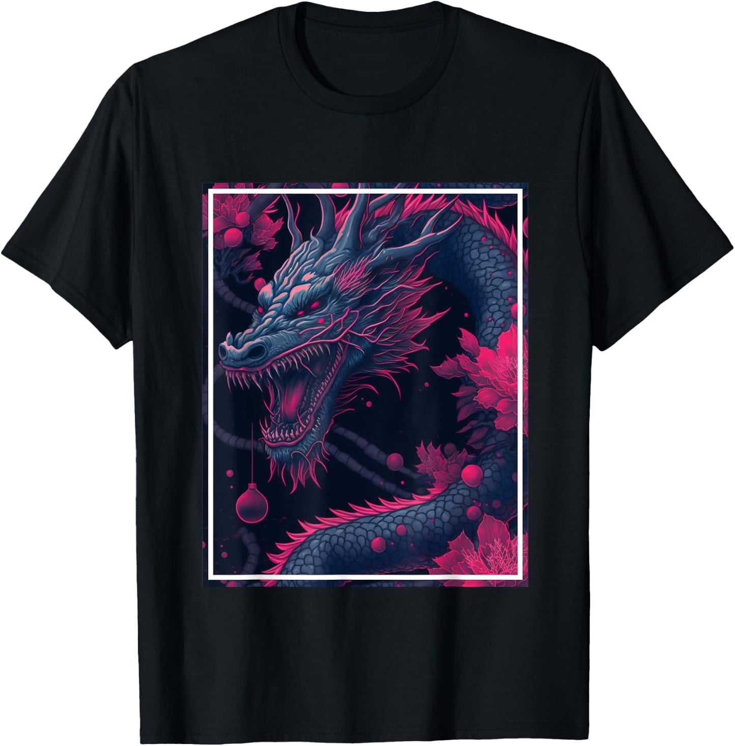 Dragon Japan Cherry Blossoms Japanese Neon Flowers T-Shirt - T-Shirt | Black