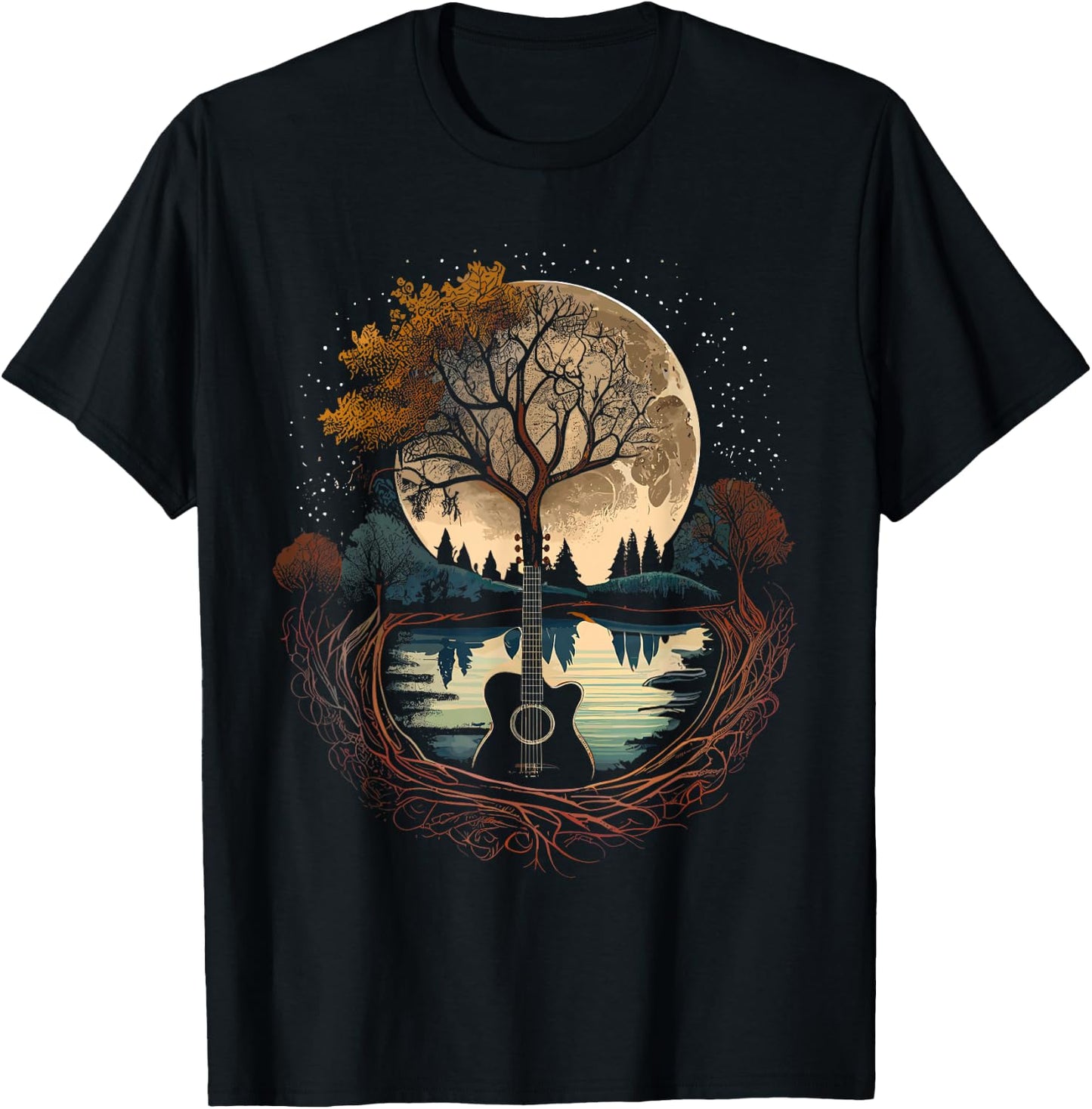 Acoustic Guitar Tree and Moon by The Lake Guitarist T-Shirt - T-Shirt | Black