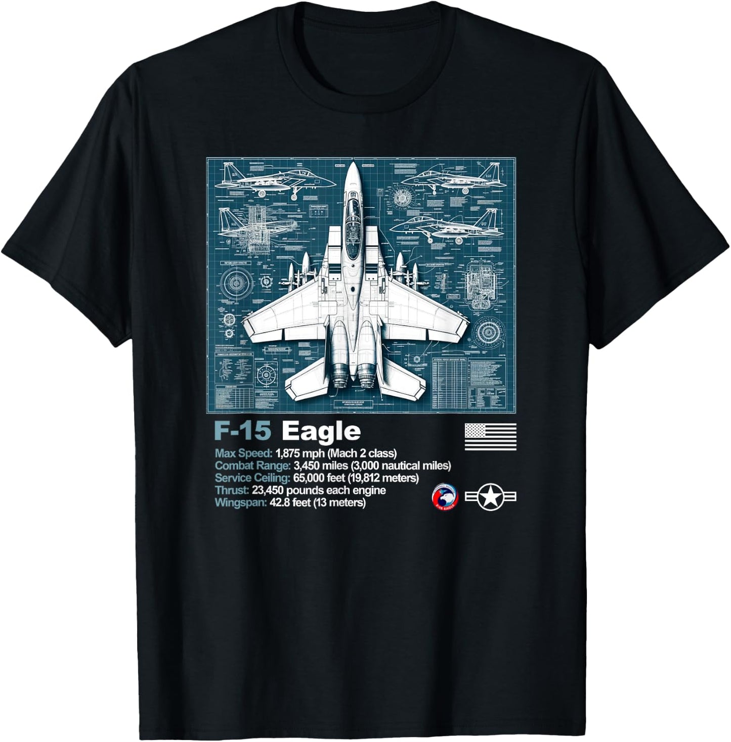 F15 Fighter Jet Blueprint Technical Drawings and Specs T-Shirt - T-Shirt | Black