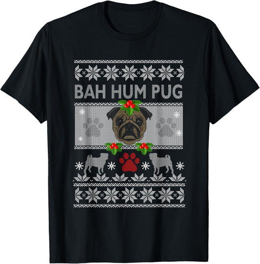 Bah-Hum Pug Pugly Ugly Christmas Sweater Dog Pugs T-Shirt - T-Shirt | Black