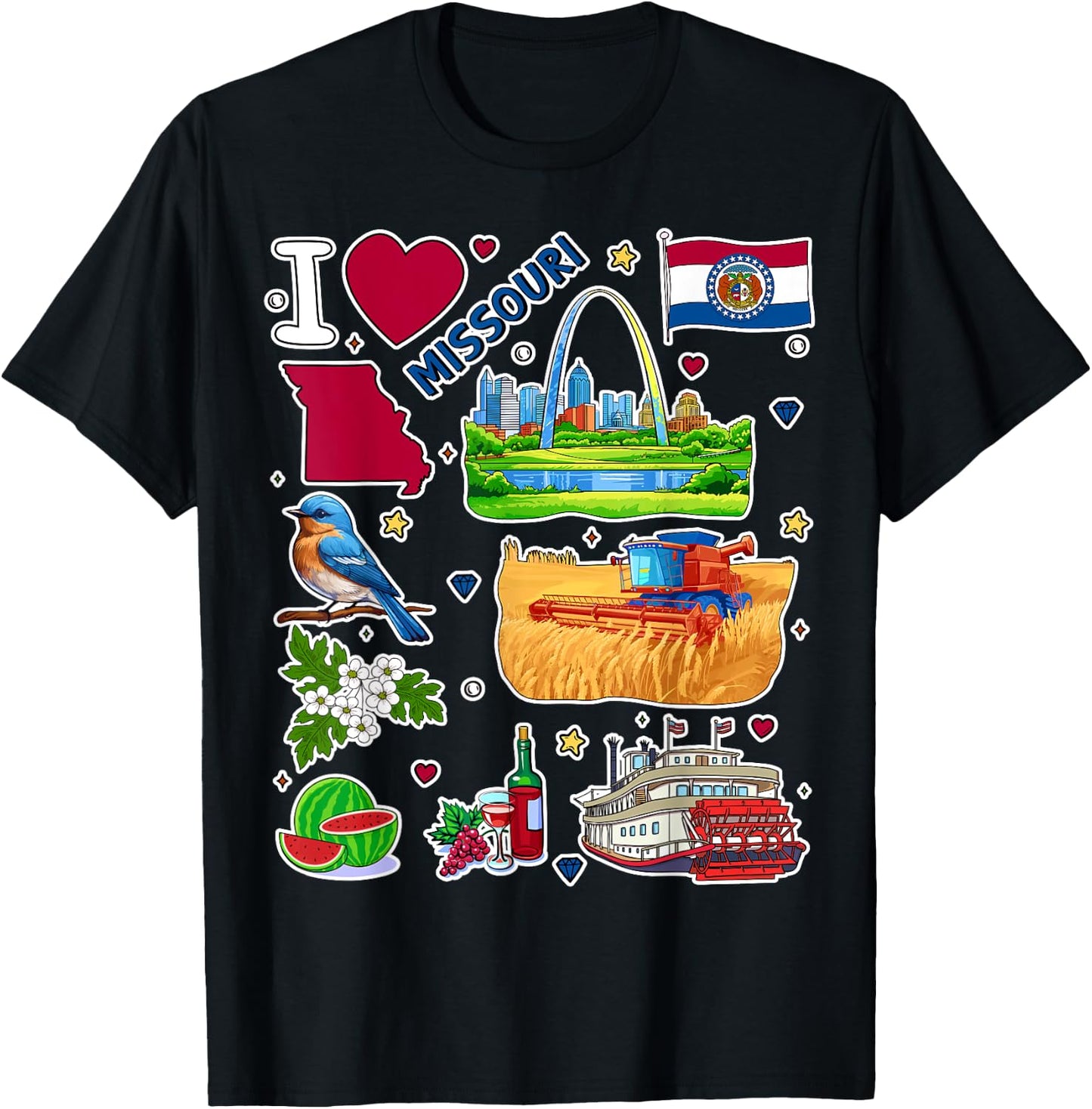 Missouri map, hand drawn Missouri State Symbols and icons T-Shirt - T-Shirt | Black