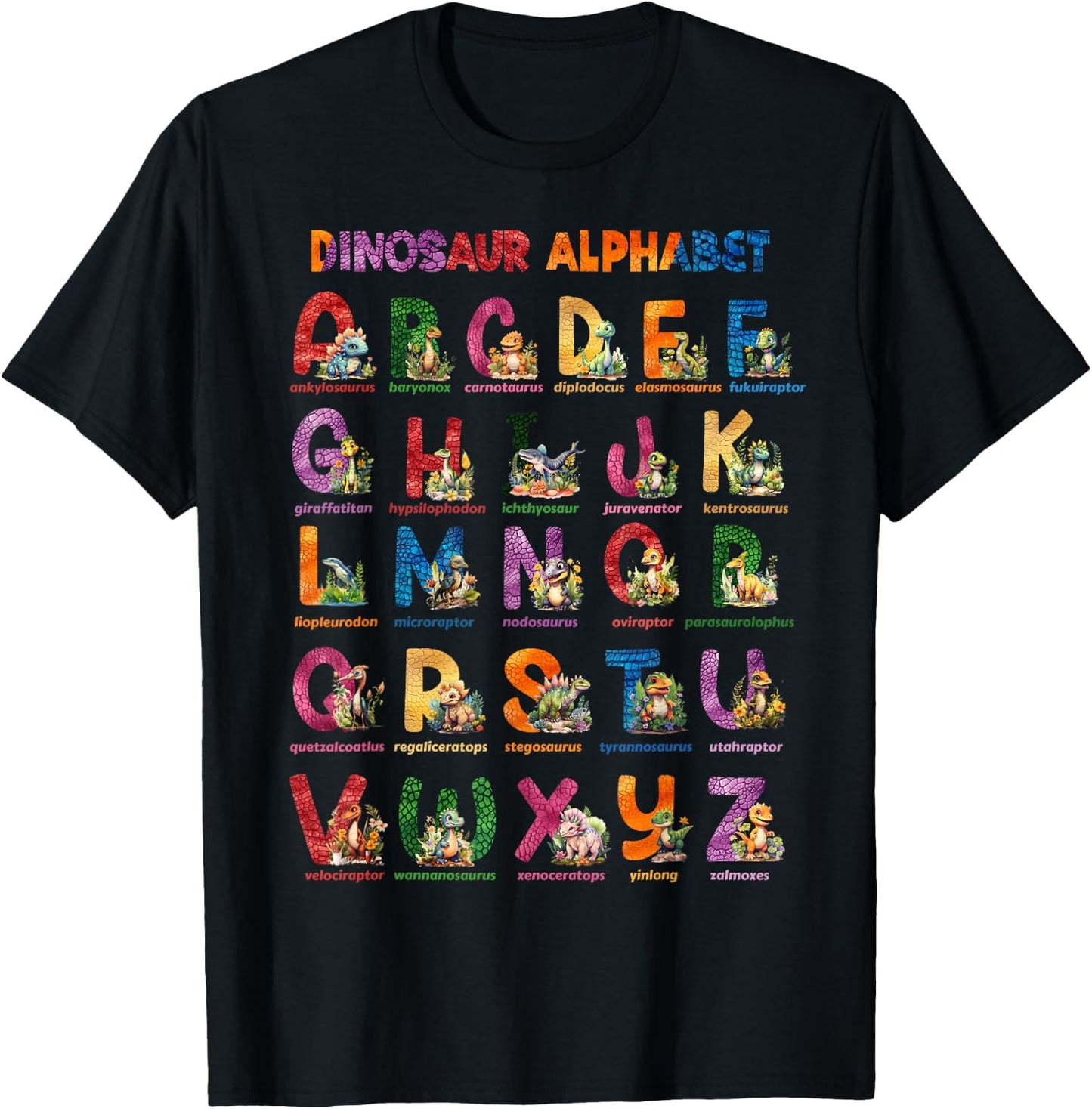 Cute Educational Dinosaur Alphabet ABC Baby Dino T-Shirt - T-Shirt | Black