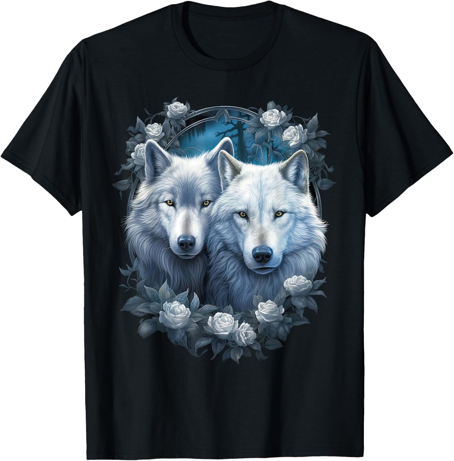 Wolf Wolves with white Roses Fantasy Art Wildlife T-Shirt - T-Shirt | Black