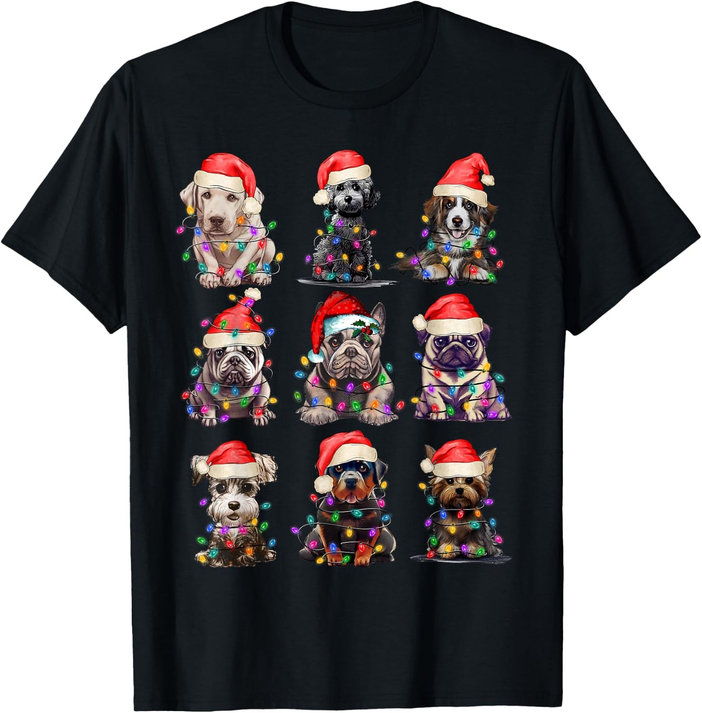 Christmas Dogs Xmas Lights Holiday Pajama Matching Family T-Shirt - T-Shirt | Black