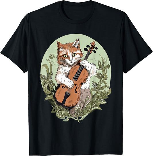 Cat Playing The Violin in Cottagecore Aesthetic T-Shirt - T-Shirt | Black