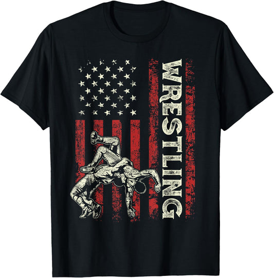 Wrestling US Flag Gifts Dad Wrestler Patriotic 4th Of July T-Shirt - T-Shirt | Black