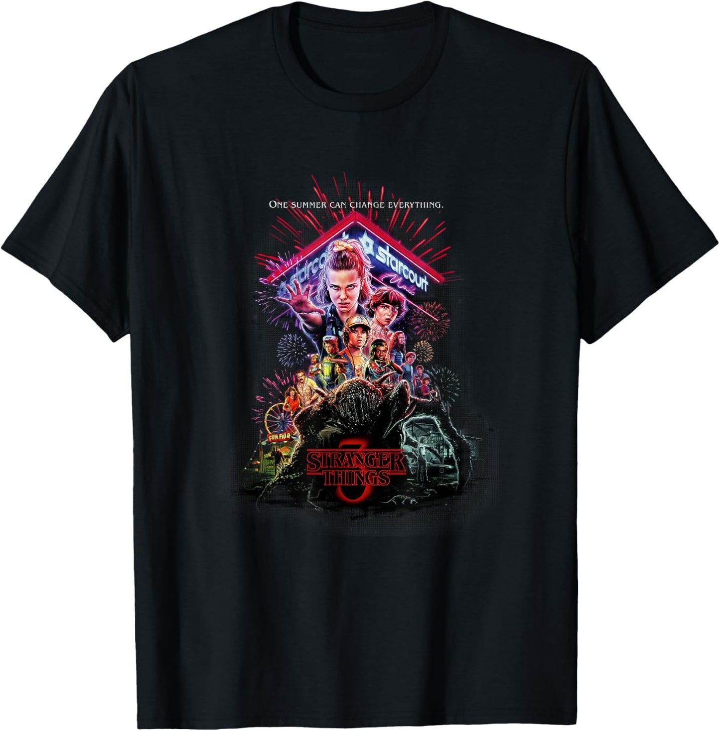 Stranger Things 3 Characters At Starcourt Mall Neon Vintage T-Shirt - T-Shirt | Black