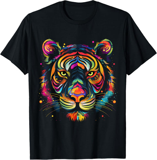 Colorful Tiger Face Wild Animal Art Cool Big Cats Black T-Shirt - T-Shirt | Black