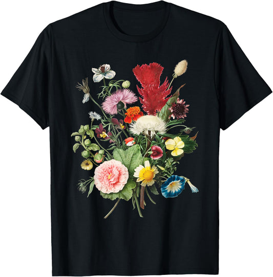 Vintage Wild Botanical Flower Cottagecore Gardening Bouquet T-Shirt - T-Shirt | Black