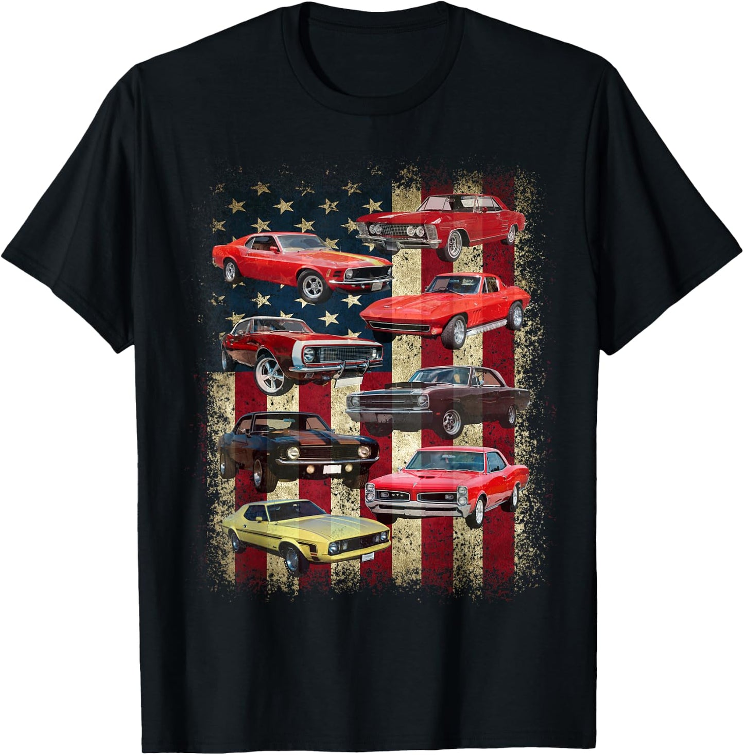 Vintage Classic Muscle Car Retro American Flag Patriotic T-Shirt - T-Shirt | Black