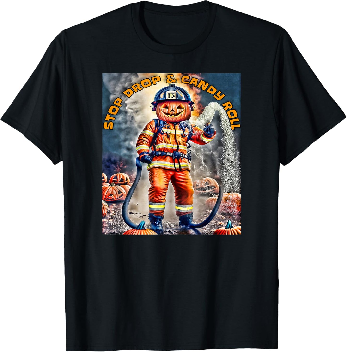 Halloween Pumpkin Firefighter Stop Drop And Roll a Firehouse T-Shirt - T-Shirt | Black
