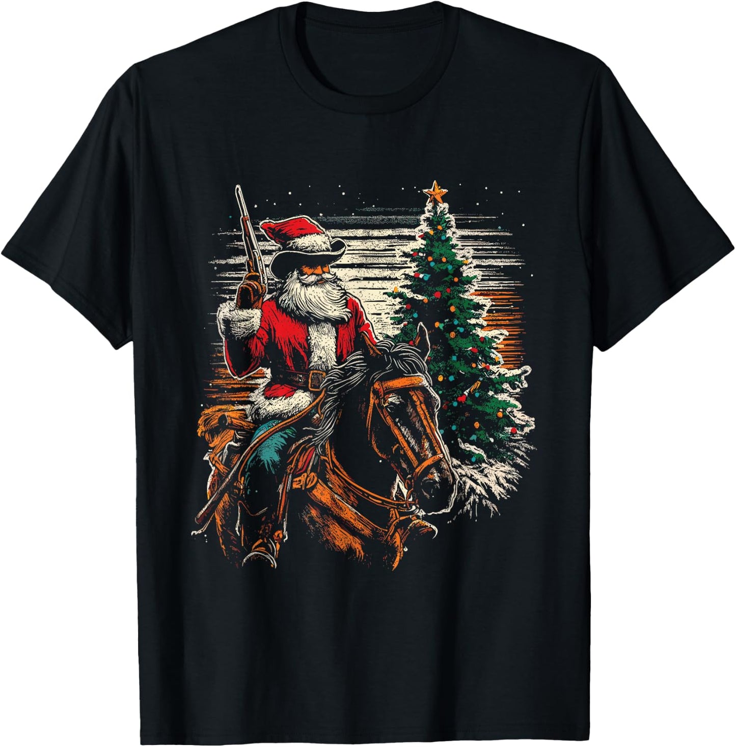 Santa Claus Cowboy - Vintage Christmas Tree Cowboy Lover T-Shirt - T-Shirt | Black