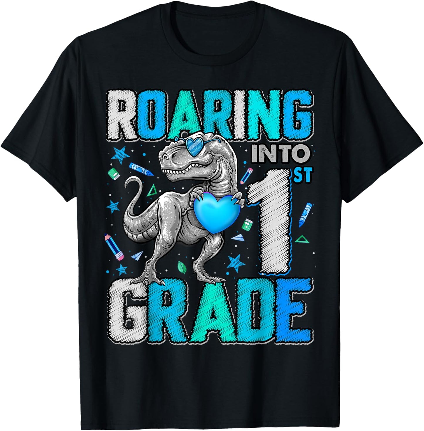 Roaring Into 1st Grade Dinosaur T Rex Back To School Boys T-Shirt - T-Shirt | Black