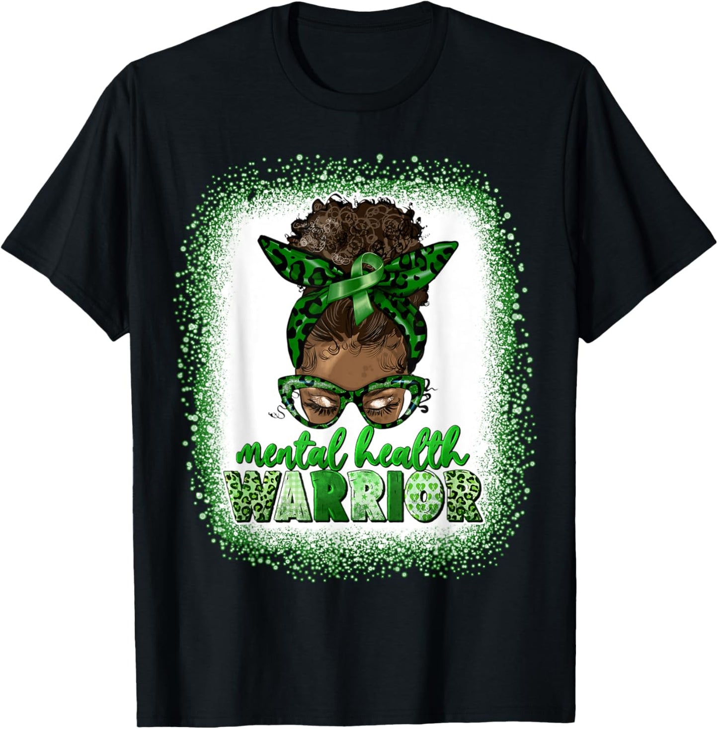 Mental Health Warrior Afro Messy Bun Leopard Black Women T-Shirt - T-Shirt | Black