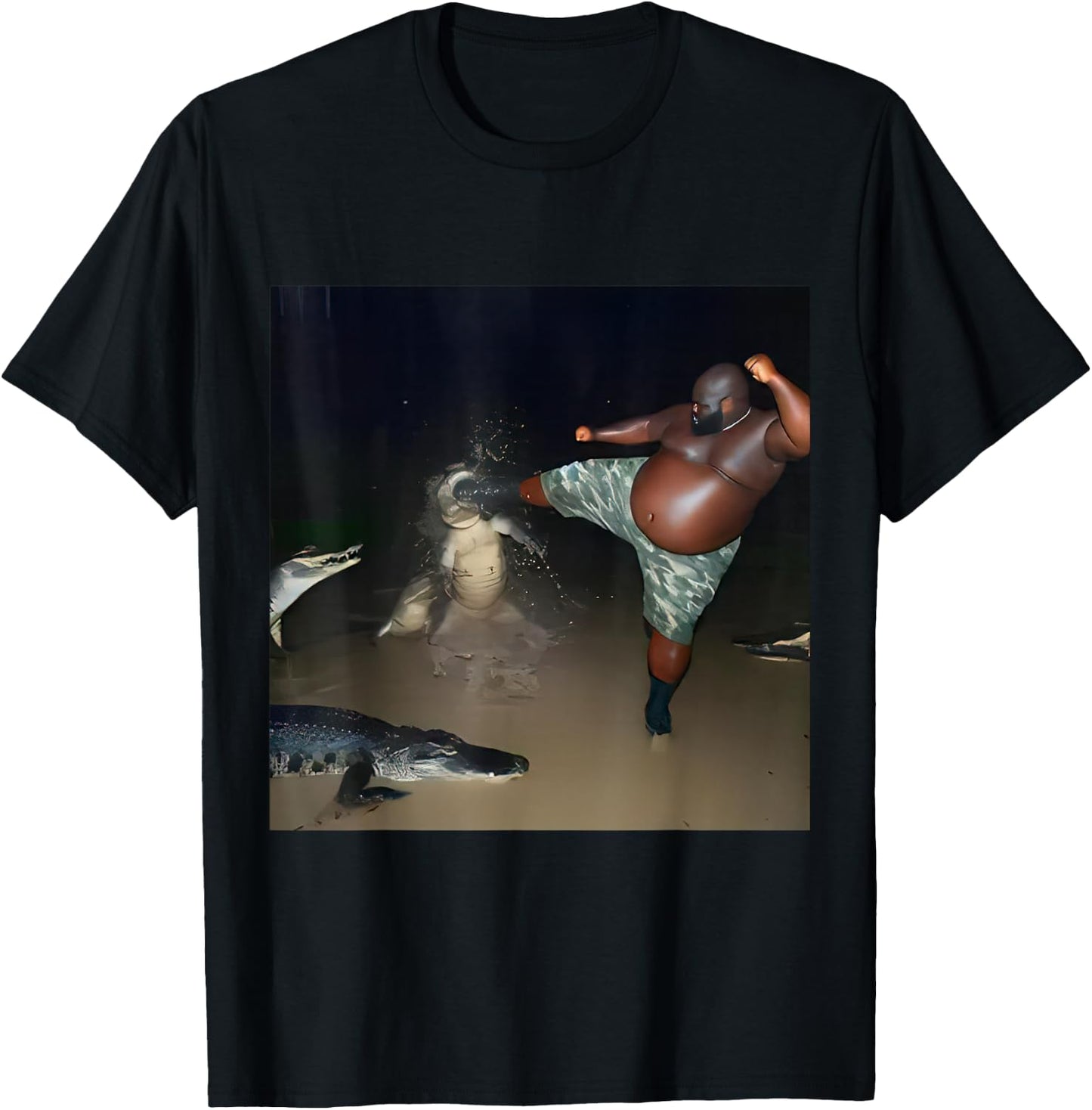 Man Kick Alligator in Swamp Funny Oddly Specific Meme T-Shirt - T-Shirt | Black