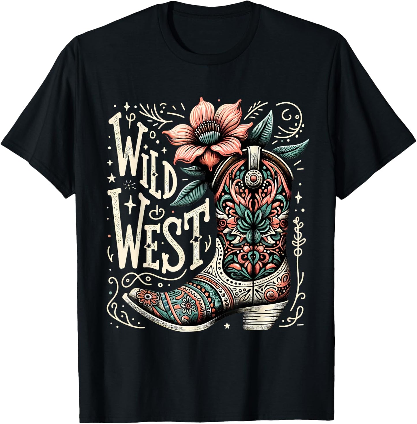 Wild West Country Music Vintage Cowgirl Boot Western Flower T-Shirt - T-Shirt | Black