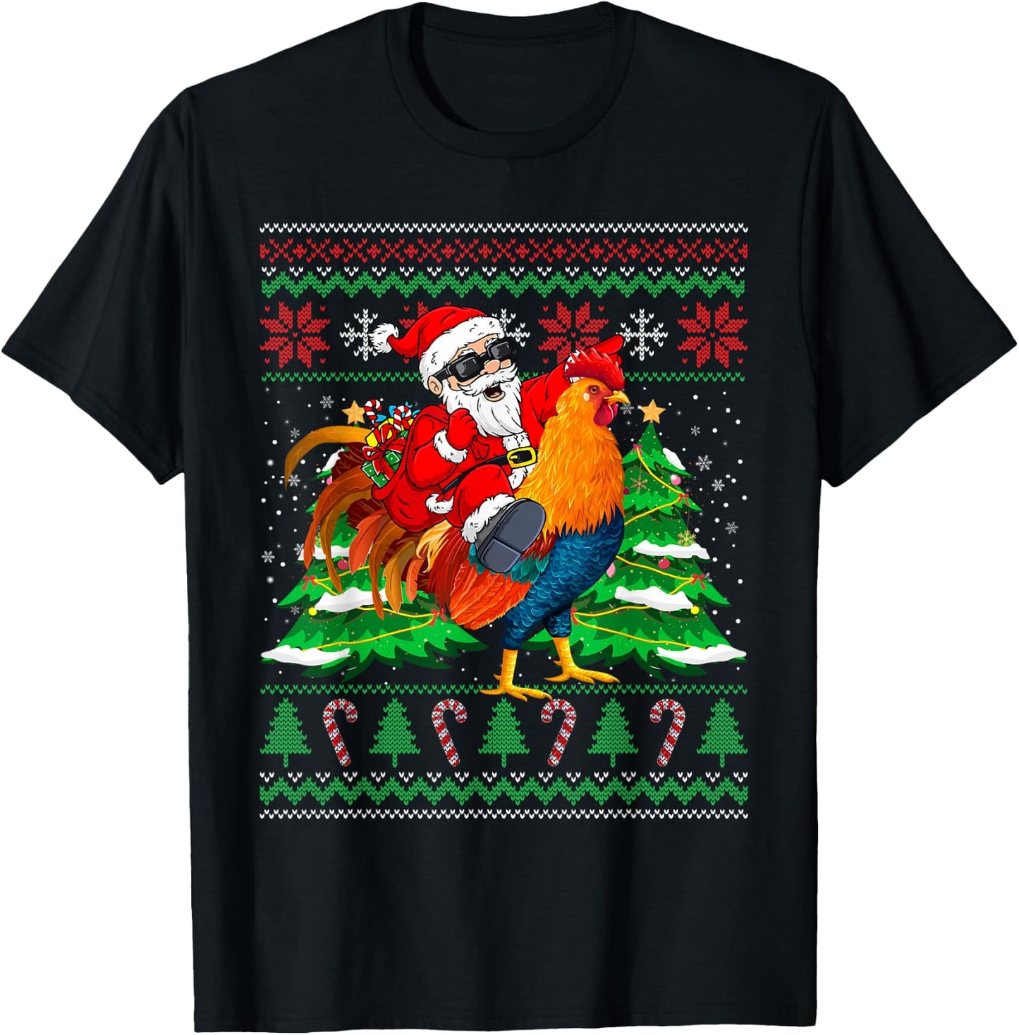 Santa With Rooster Christmas Tree Farmer Ugly Xmas Sweater T-Shirt - T-Shirt | Black