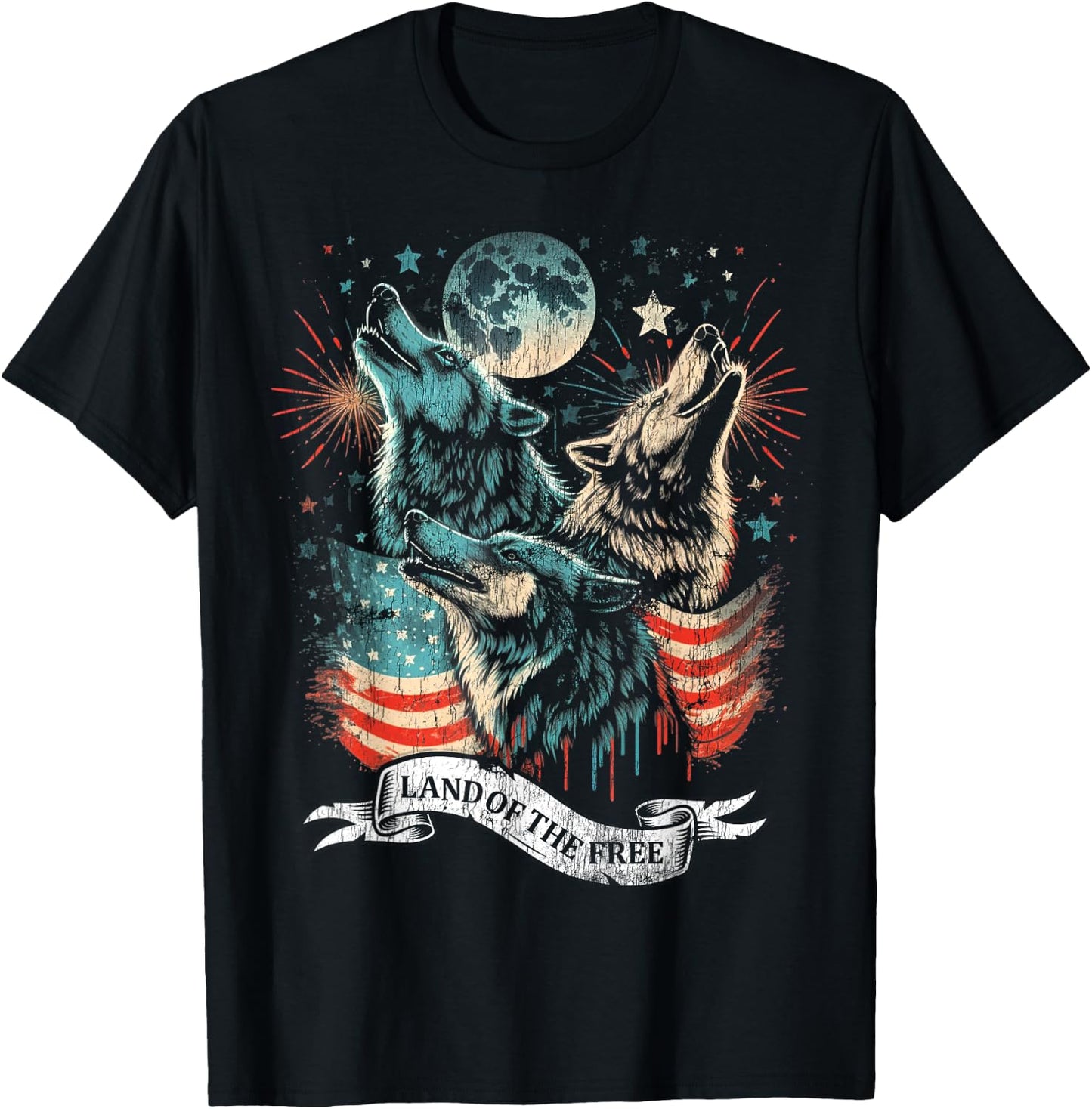 Wolf 4th of July American Flag Howling America Moon Funny Kids Men T-Shirt - T-Shirt | Black