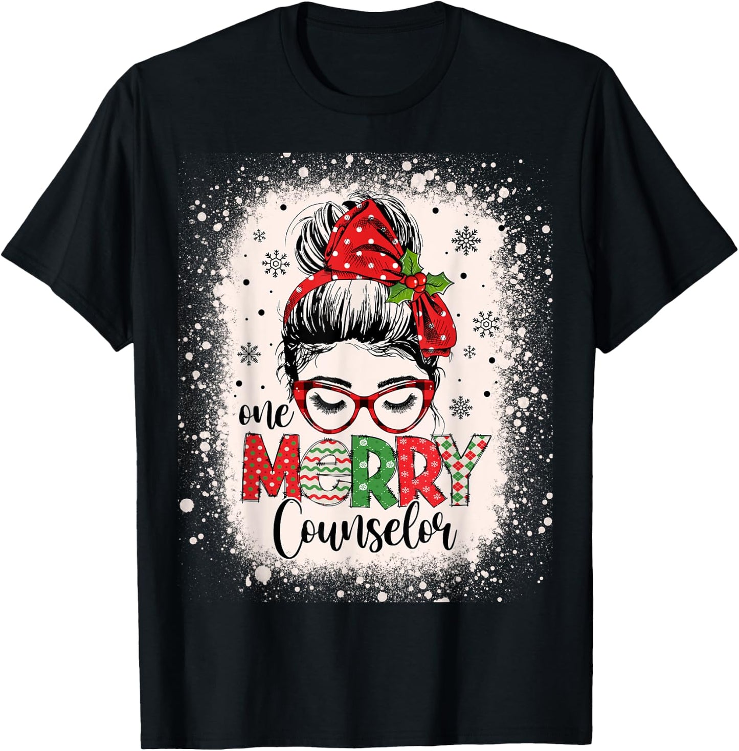 One Merry Counselor Messy Bun Christmas Counseling T-Shirt - T-Shirt | Black